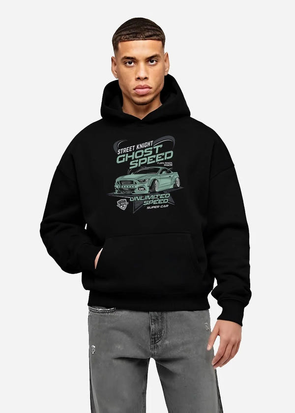 Black hoodie worn by a male model, front view, featuring Ford Mustang rs racing muscle street retro power enthusiast graphic.