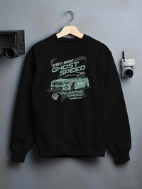Black crewneck sweatshirt on a hanger against a grey wall, featuring Ford Mustang rs racing muscle street retro power graphic.