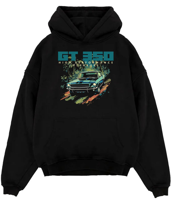 Black pullover hoodie laid flat on a white background, featuring Ford Mustang street retro classic enthusiast racing graphic.