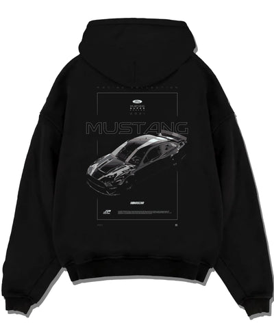 Black pullover hoodie laid flat on a white background, featuring Ford Mustang rs muscle street classic racing performance graphic.