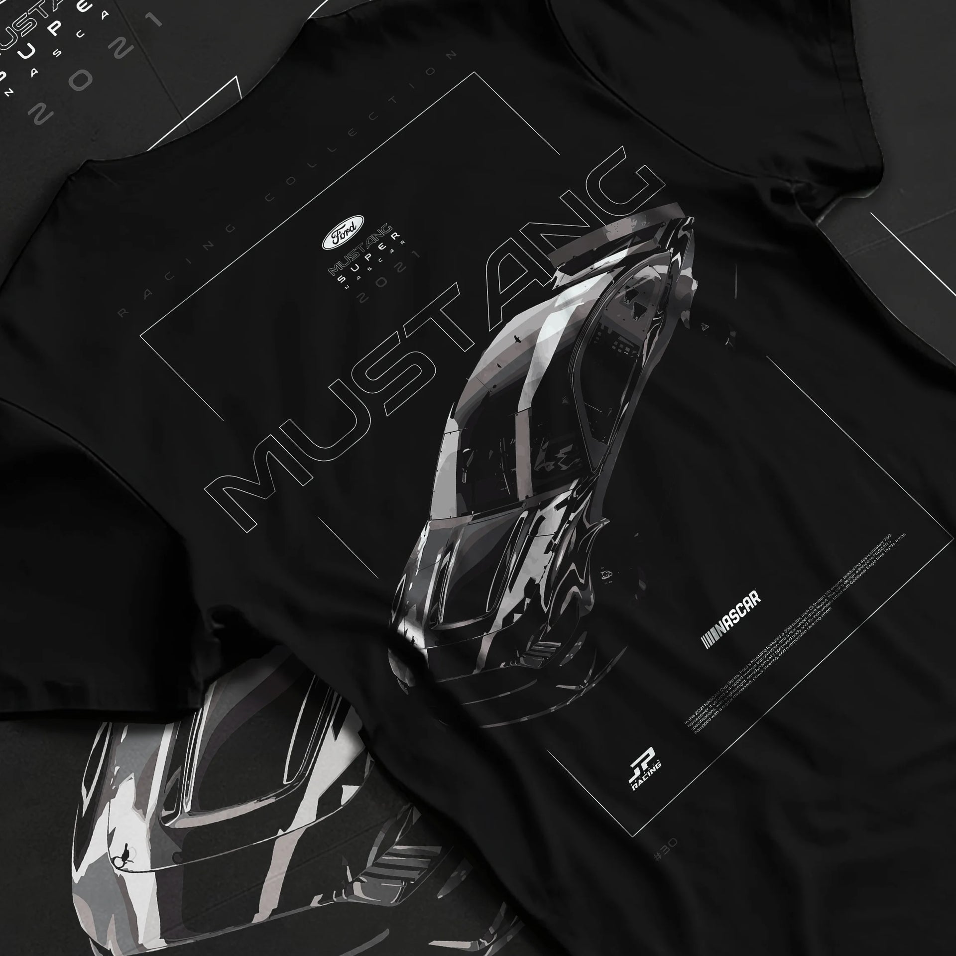Black T-shirt laid flat with natural fabric folds, featuring Ford Mustang rs muscle street classic racing performance graphic.