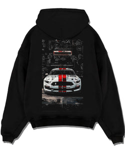 Black pullover hoodie laid flat on a white background, featuring Ford Mustang rs racing muscle street retro show graphic.