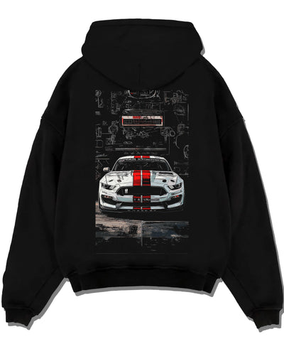 Black pullover hoodie laid flat on a white background, featuring Ford Mustang rs racing muscle street retro show graphic.