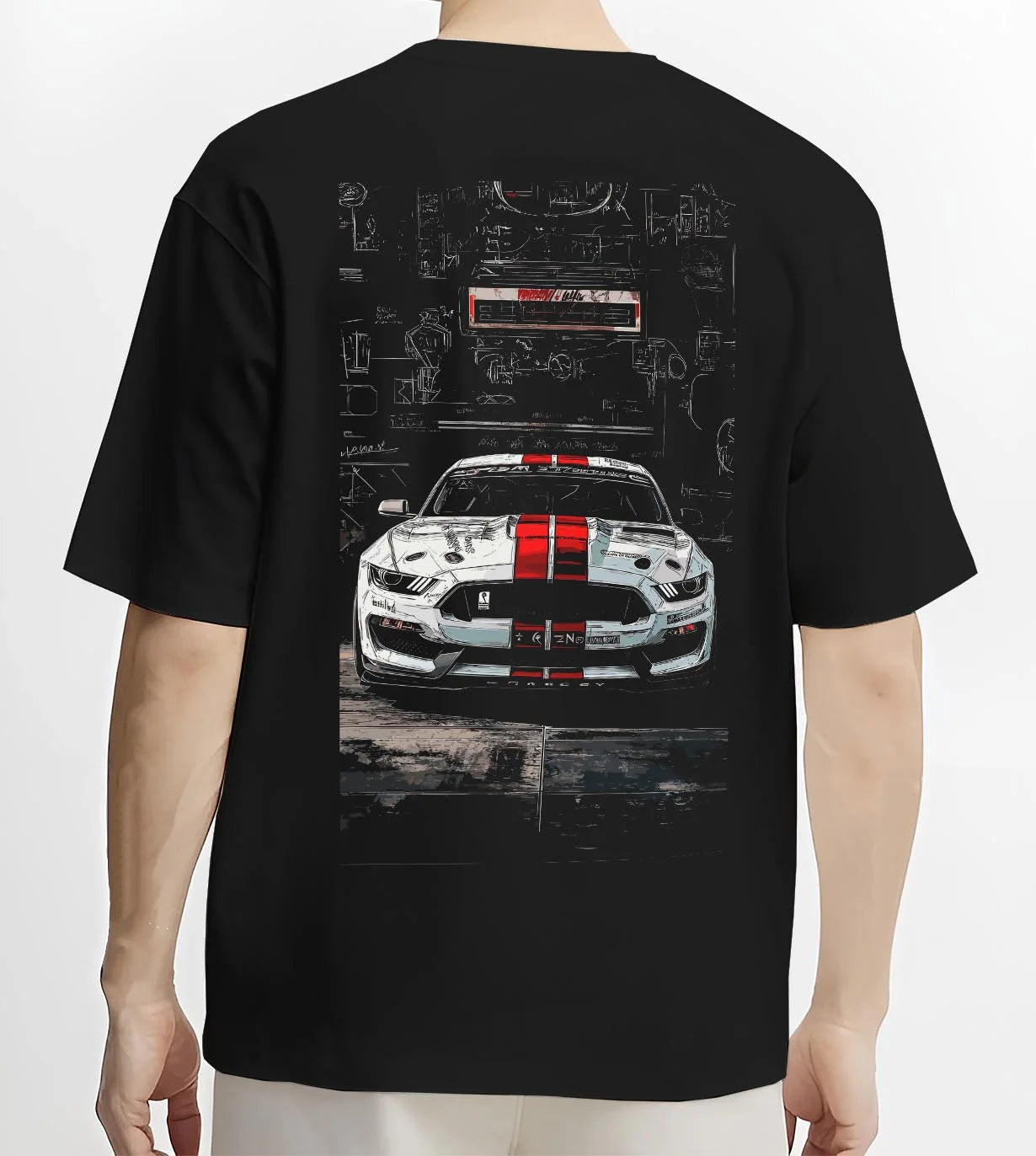 Black T-shirt worn by a male model, back view, featuring Ford Mustang rs racing muscle street retro show graphic.