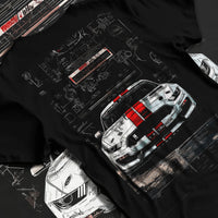 Black T-shirt laid flat with natural fabric folds, featuring Ford Mustang rs racing muscle street retro show graphic.