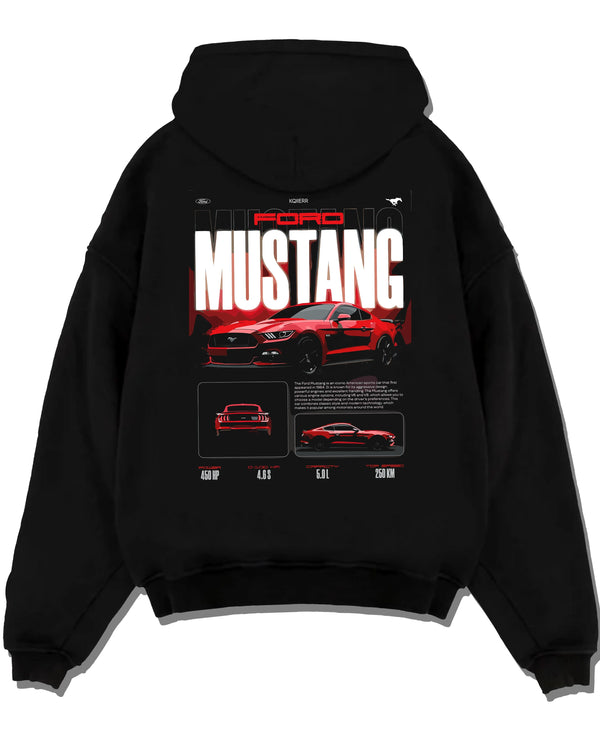 Black pullover hoodie laid flat on a white background, featuring Ford Mustang v8 american muscle street classic iconic graphic.