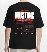 Black T-shirt worn by a male model, back view, featuring Ford Mustang v8 american muscle street classic iconic power graphic.