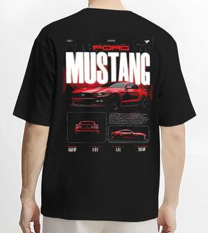 Black T-shirt worn by a male model, back view, featuring Ford Mustang v8 american muscle street classic iconic power graphic.