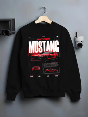 Black crewneck sweatshirt on a hanger against a grey wall, featuring Ford Mustang v8 american muscle street classic iconic graphic.