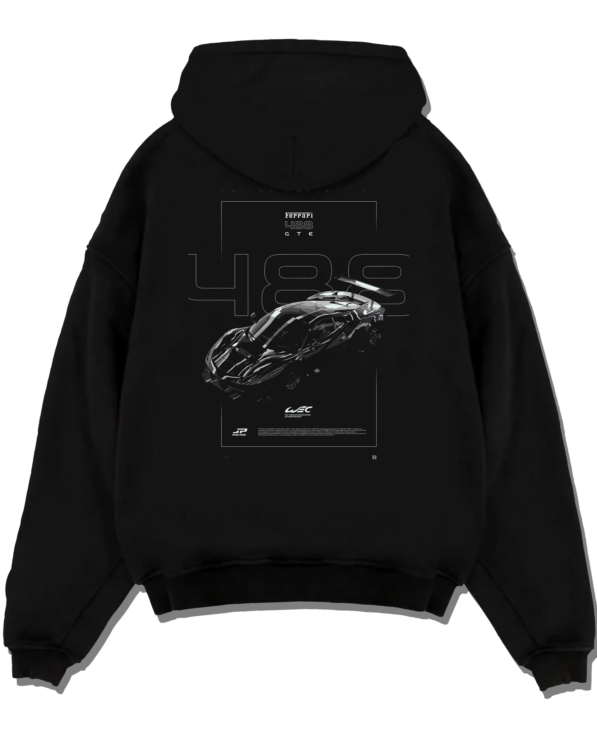 Black pullover hoodie laid flat on a white background, featuring Ferrari 488 rs racing motorsport retro street performance graphic.