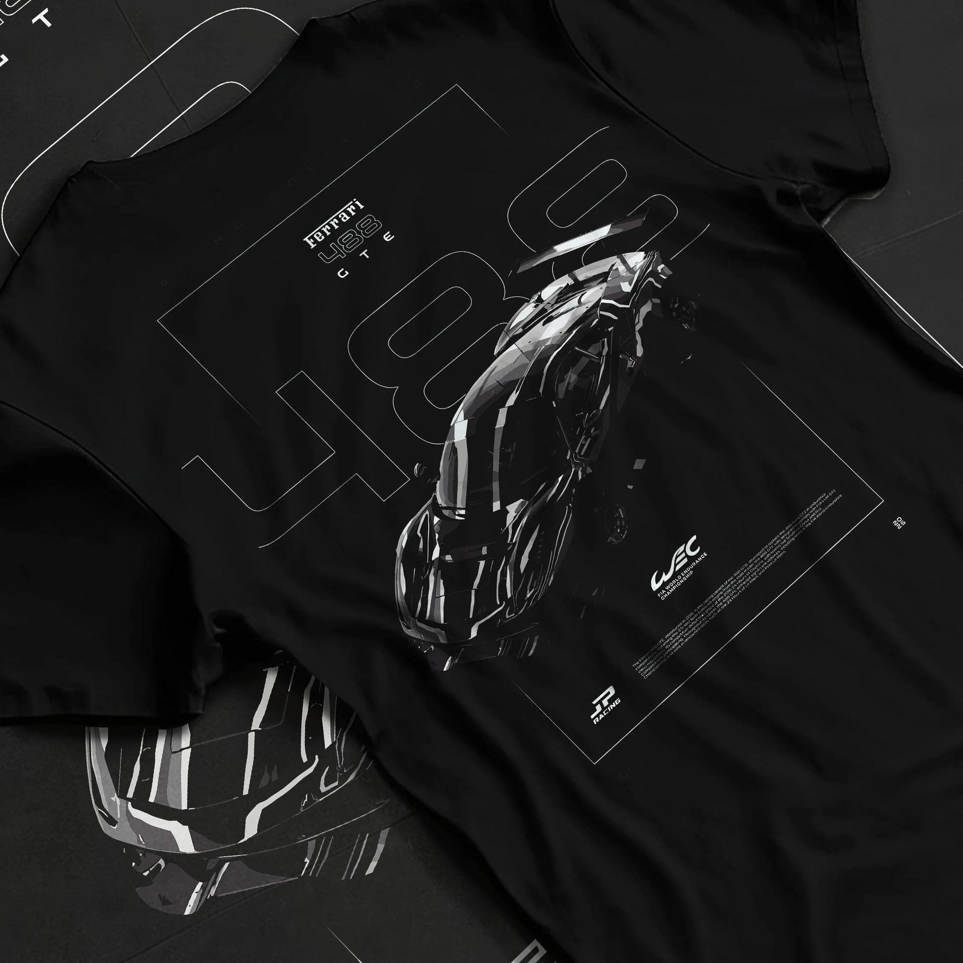 Black T-shirt laid flat with natural fabric folds, featuring Ferrari 488 rs racing motorsport retro street performance graphic.
