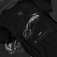 Black T-shirt laid flat with natural fabric folds, featuring Ferrari 488 rs racing motorsport retro street performance graphic.