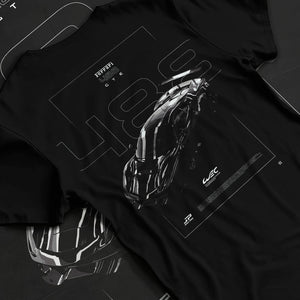 Black T-shirt laid flat with natural fabric folds, featuring Ferrari 488 rs racing motorsport retro street performance graphic.