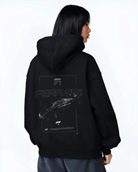 Black hoodie worn by a female model, back view, featuring Ferrari rs racing f1 formula motorsport street performance graphic.