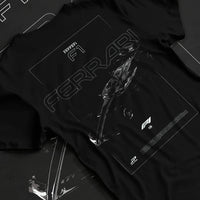 Black T-shirt laid flat with natural fabric folds, featuring Ferrari rs racing f1 formula motorsport street performance graphic.