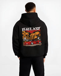 Black hoodie worn by a male model, back view, featuring Ferrari rs racing italian power street performance motorsport graphic.
