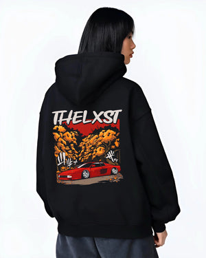 Black hoodie worn by a female model, back view, featuring Ferrari rs racing italian power street performance motorsport graphic.