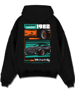 Black pullover hoodie laid flat on a white background, featuring Pontiac firebird trans am racing muscle street retro graphic.
