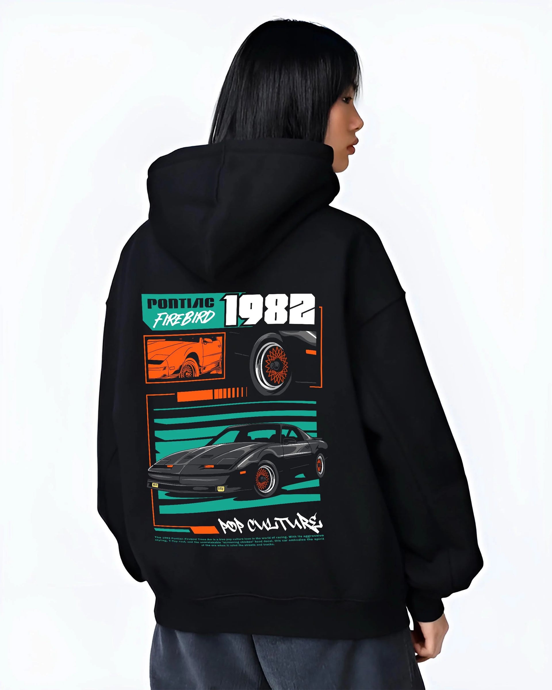 Black hoodie worn by a female model, back view, featuring Pontiac firebird trans am racing muscle street retro vintage graphic.