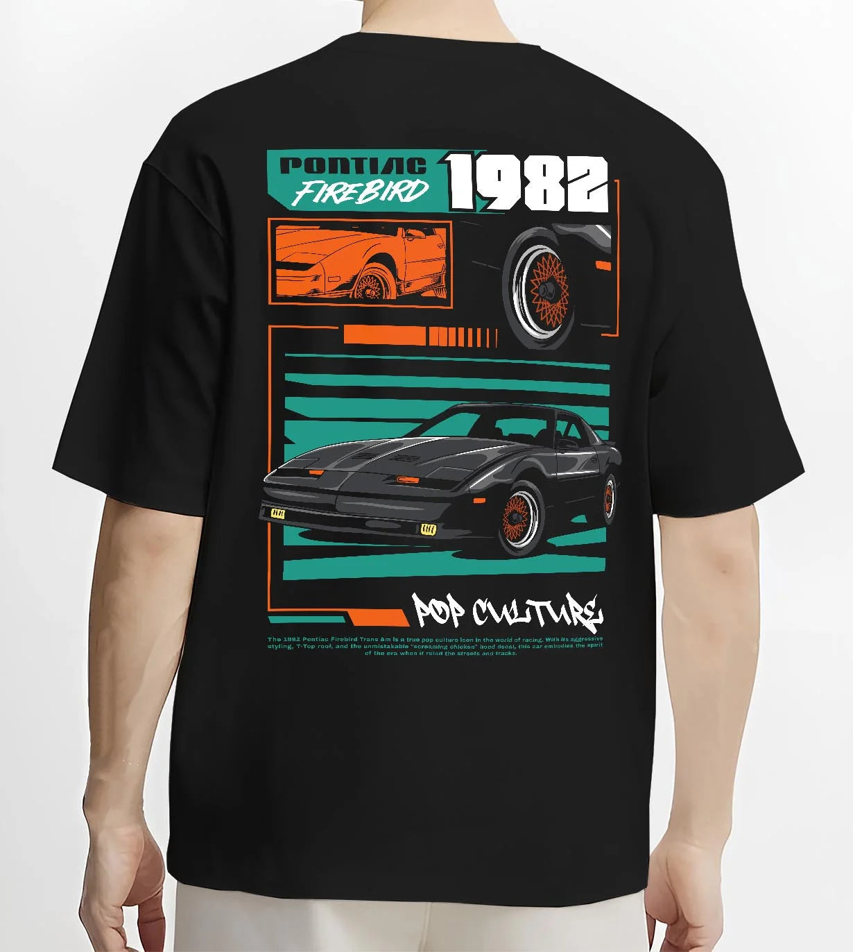 Black T-shirt worn by a male model, back view, featuring Pontiac firebird trans am racing muscle street retro vintage graphic.