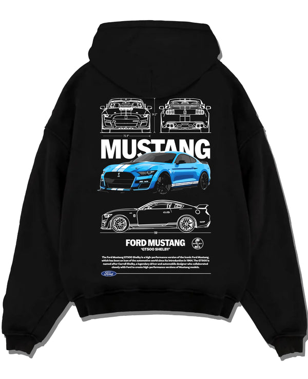 Black pullover hoodie laid flat on a white background, featuring Ford Mustang rs racing muscle street enthusiast graphic.