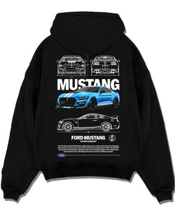 Black pullover hoodie laid flat on a white background, featuring Ford Mustang rs racing muscle street enthusiast graphic.