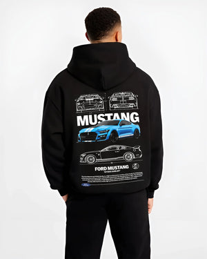 Black hoodie worn by a male model, back view, featuring Ford Mustang rs racing muscle street enthusiast performance graphic.