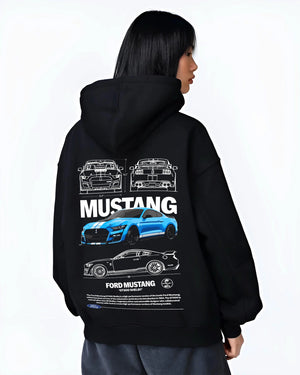 Black hoodie worn by a female model, back view, featuring Ford Mustang rs racing muscle street enthusiast performance graphic.
