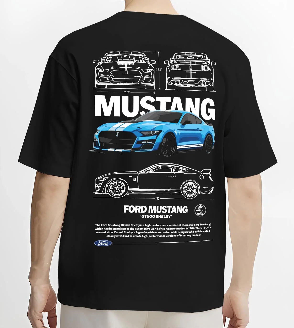Black T-shirt worn by a male model, back view, featuring Ford Mustang rs racing muscle street enthusiast performance graphic.