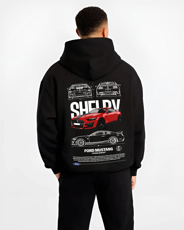 Black hoodie worn by a male model, back view, featuring Ford Mustang rs racing muscle street power show graphic.