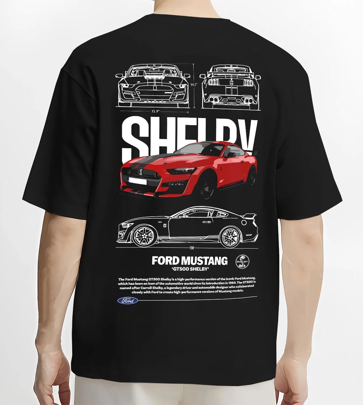 Black T-shirt worn by a male model, back view, featuring Ford Mustang rs racing muscle street power show graphic.