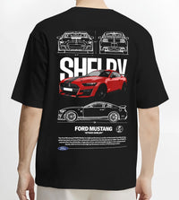 Black T-shirt worn by a male model, back view, featuring Ford Mustang rs racing muscle street power show graphic.