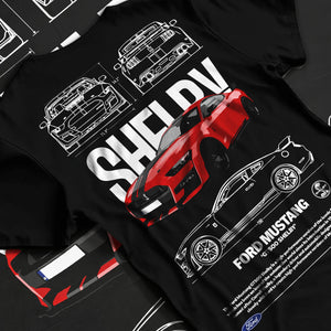 Black T-shirt laid flat with natural fabric folds, featuring Ford Mustang rs racing muscle street power show graphic.