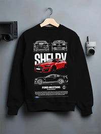 Black crewneck sweatshirt on a hanger against a grey wall, featuring Ford Mustang rs racing muscle street power show graphic.