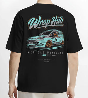 Black T-shirt worn by a male model, back view, featuring Ford rs american classic racing street performance motorsport graphic.