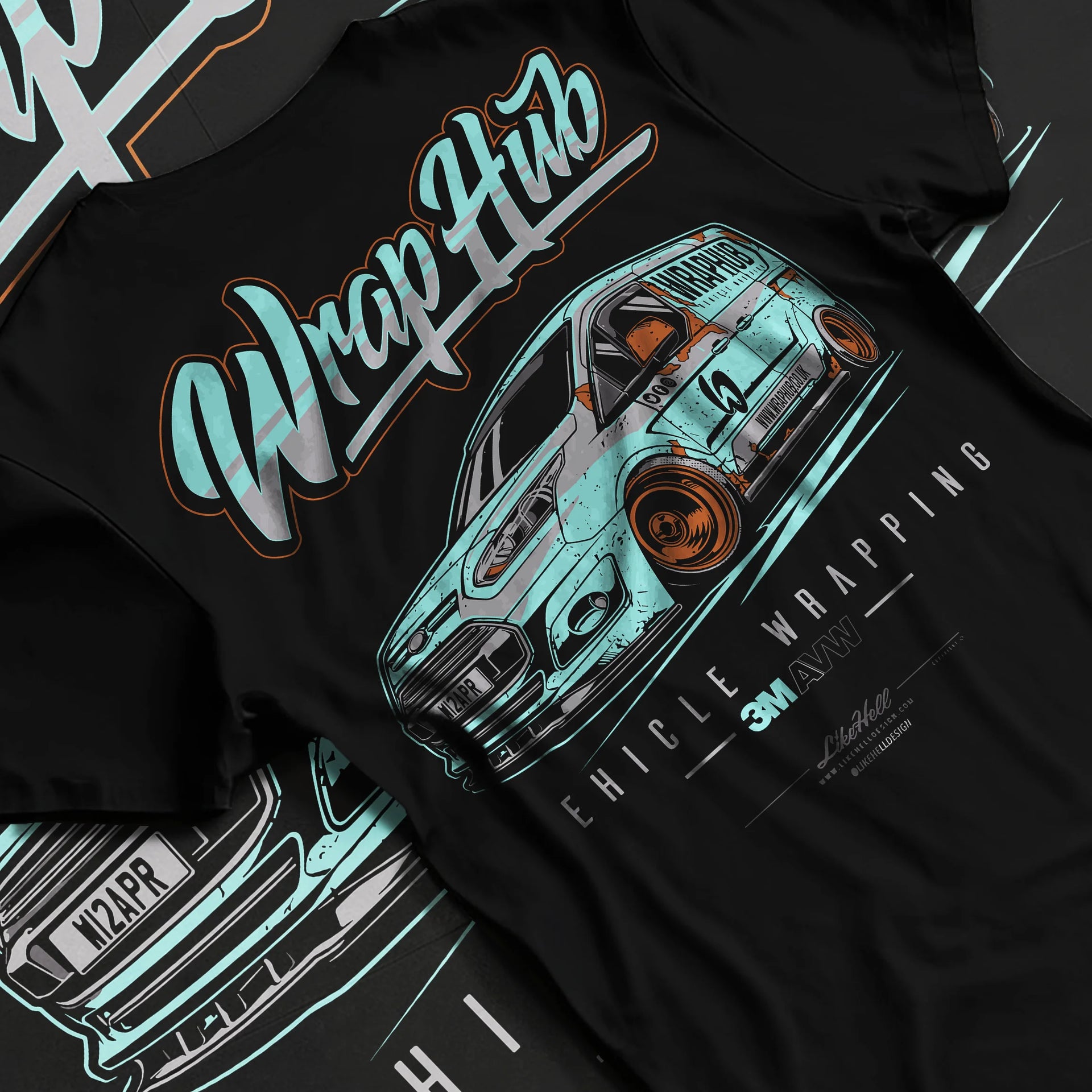 Black T-shirt laid flat with natural fabric folds, featuring Ford rs american classic racing street performance motorsport graphic.