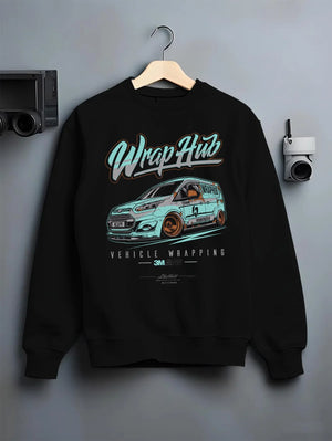 Black crewneck sweatshirt on a hanger against a grey wall, featuring Ford rs american classic racing street performance graphic.