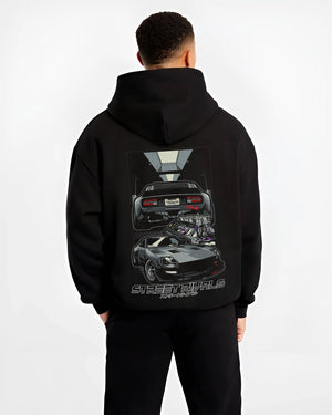 Black hoodie worn by a male model, back view, featuring Ford MUSTANG rs racing muscle retro classic street graphic.