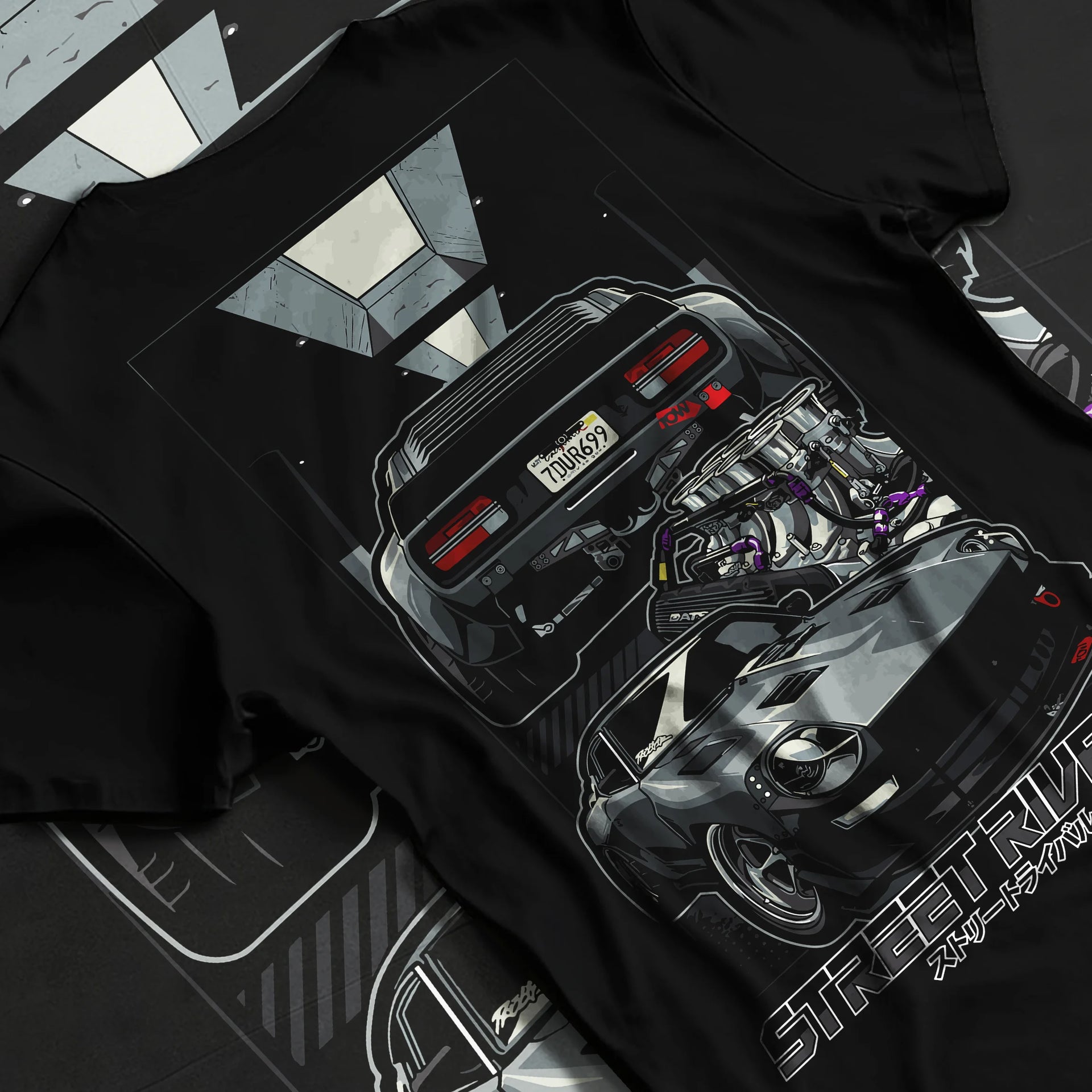 Black T-shirt laid flat with natural fabric folds, featuring Ford MUSTANG rs racing muscle retro classic street graphic.