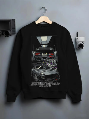 Black crewneck sweatshirt on a hanger against a grey wall, featuring Ford MUSTANG rs racing muscle retro classic street graphic.