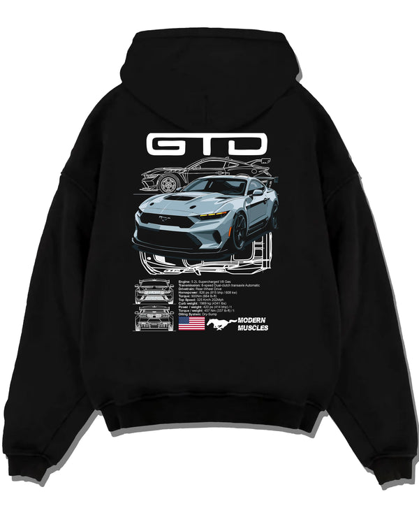 Black pullover hoodie laid flat on a white background, featuring MUSTANG supercharged v8 racing american muscle street graphic.