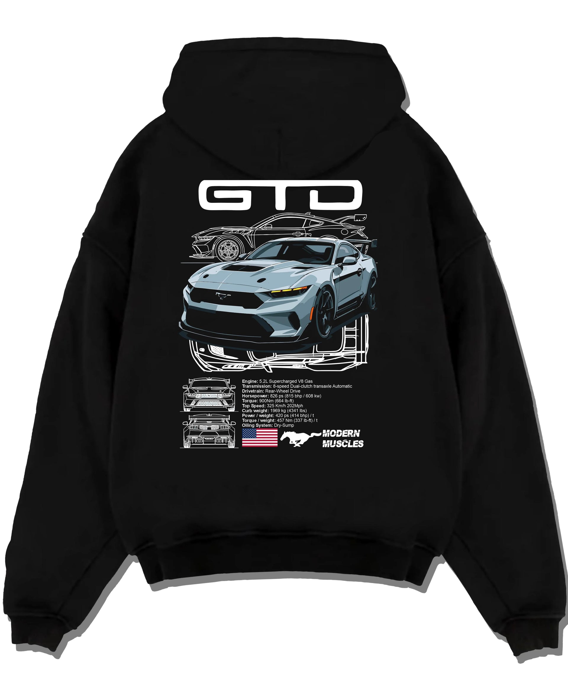 Black pullover hoodie laid flat on a white background, featuring MUSTANG supercharged v8 racing american muscle street graphic.