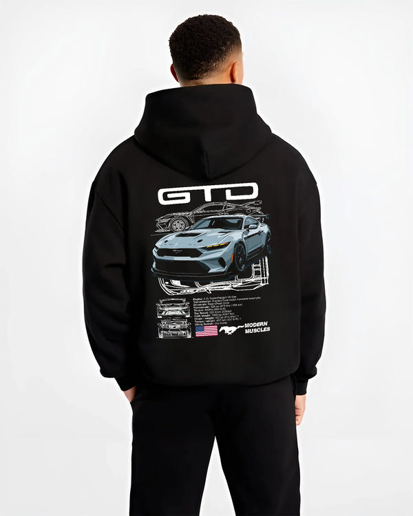 Black hoodie worn by a male model, back view, featuring MUSTANG supercharged v8 racing american muscle street power graphic.