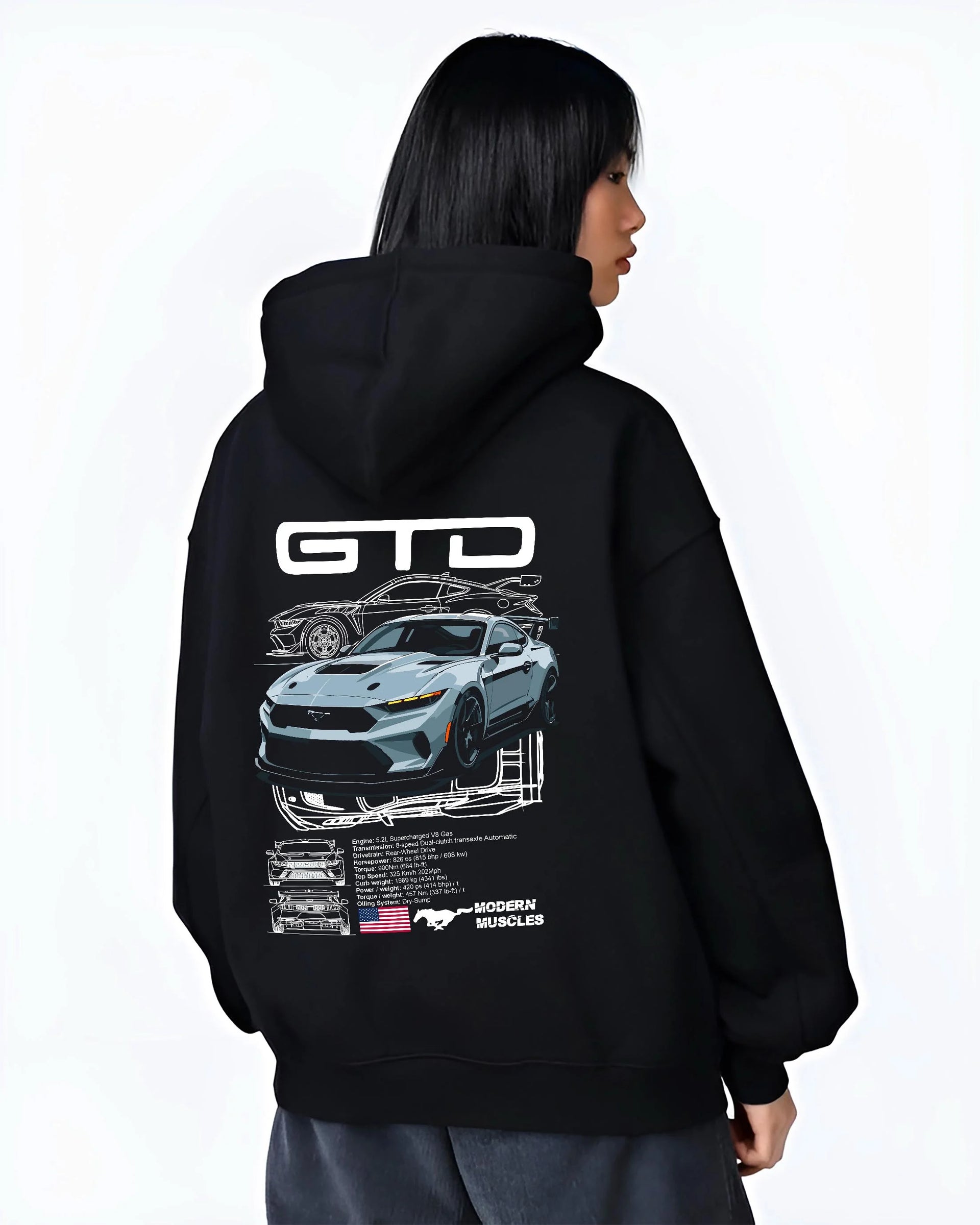 Black hoodie worn by a female model, back view, featuring MUSTANG supercharged v8 racing american muscle street power graphic.