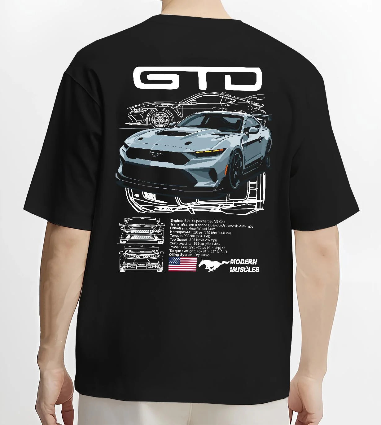 Black T-shirt worn by a male model, back view, featuring MUSTANG supercharged v8 racing american muscle street power graphic.