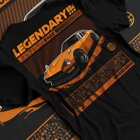 Black T-shirt laid flat with natural fabric folds, featuring Ford Mustang rs muscle street retro classic enthusiast graphic.