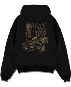 Black pullover hoodie laid flat on a white background, featuring rs racing motorsport tuner street retro performance graphic.