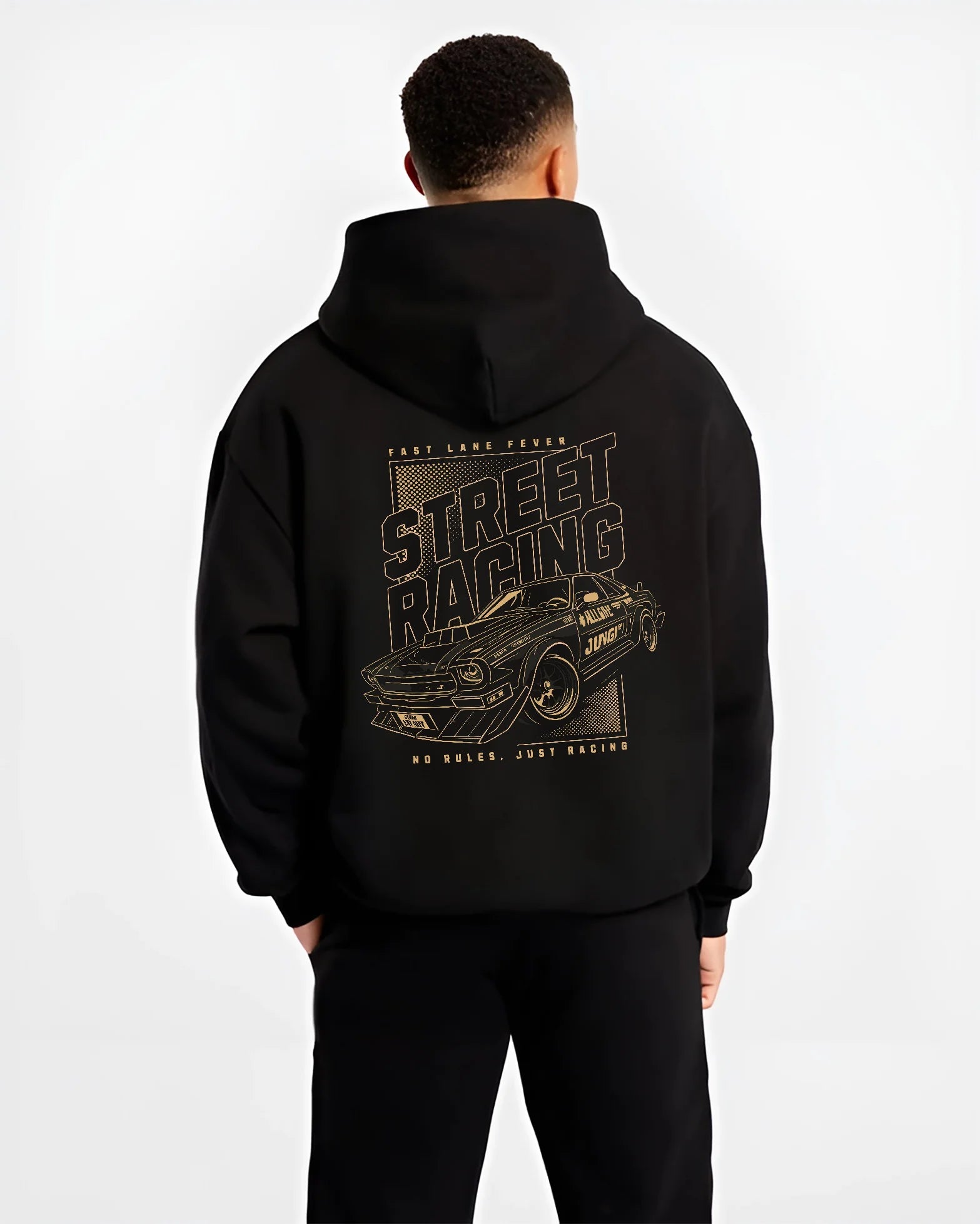 Black hoodie worn by a male model, back view, featuring rs racing motorsport tuner street retro performance automotive graphic.