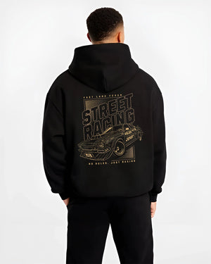 Black hoodie worn by a male model, back view, featuring rs racing motorsport tuner street retro performance automotive graphic.