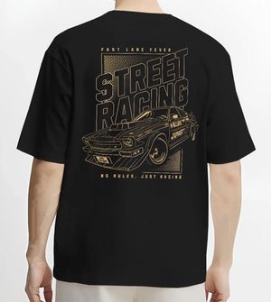 Black T-shirt worn by a male model, back view, featuring rs racing motorsport tuner street retro performance automotive graphic.